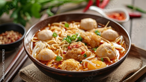 Asian curry noodles in a bowl with fish meatballs, fish pie, chicken fillet, chili paste