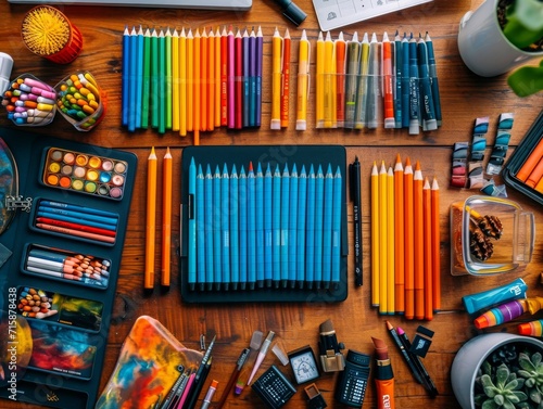 A flat lay of art and design tools like a graphic tablet, colorful markers, and sketch pads