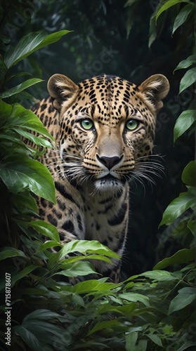 close up portrait of a leopard hunting   Majestic Leopard Observing Prey in Dense Forest - Wild Nature Photography  Stealthy Predator in Lush Jungle Habitat  Adult leopard in a jungle