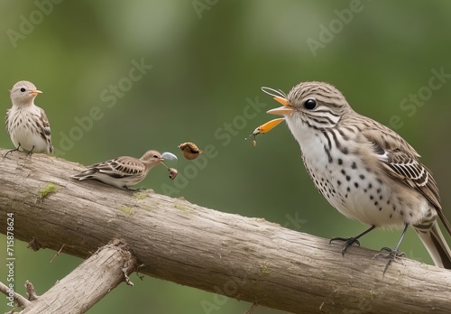 A spotted flycatcher (Muscicapa striata) feeding a young bird on a metal fence, Hesse, Germany, Europe
 photo