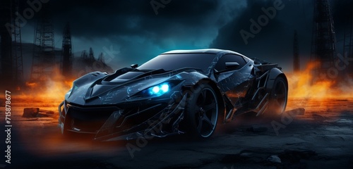 A midnight black super-sport car with blue flame decals, racing in a dark, apocalyptic setting,