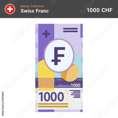 Swiss 1000 francs banknote vector illustration. Paper money of one thousand bills. The official currency of Switzerland CHF. Flat style. Simple minimal design.