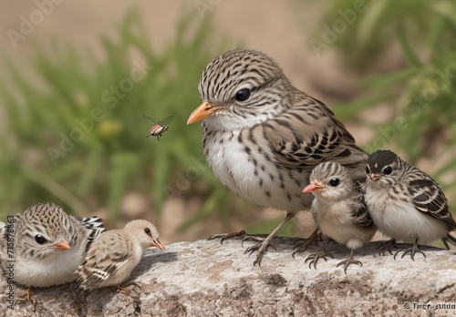 A spotted flycatcher (Muscicapa striata) feeding a young bird on a metal fence, Hesse, Germany, Europe
 photo