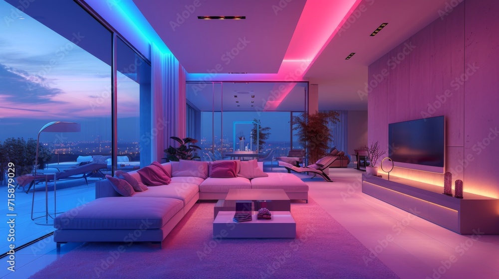 Futuristic smart home interior with voice-controlled lighting, sleek furniture