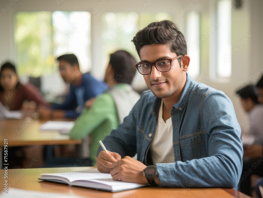 Portrait of a young Indian male student sitting at desk in the college library. Portrait of a young Indian male student sitting at desk in the college library.