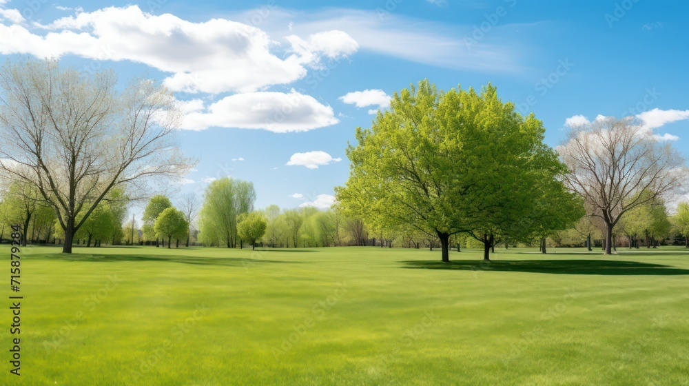 Vibrant green landscape under a bright blue sky with fluffy white clouds. Nature background.