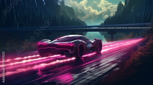 A neon pink super-sport car, speeding on a dark, winding river road,