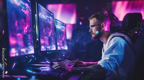 Gamer at multi-monitor setup in neon-lit room.