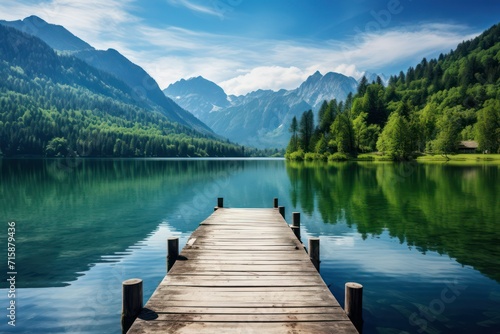 Serene lake view with wooden dock and mountain backdrop. Nature background.