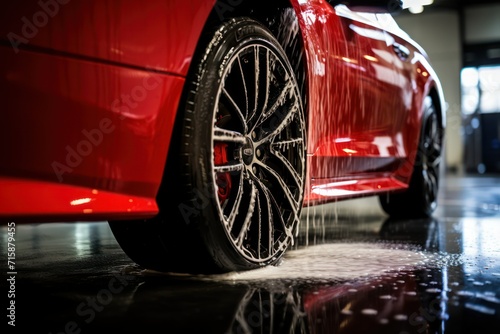 Red sports car being washed with visible water droplets. Digital illustration. © KrikHill