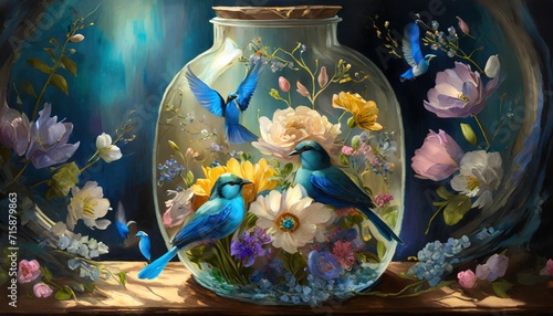 floral world in a bottle with blue birds 