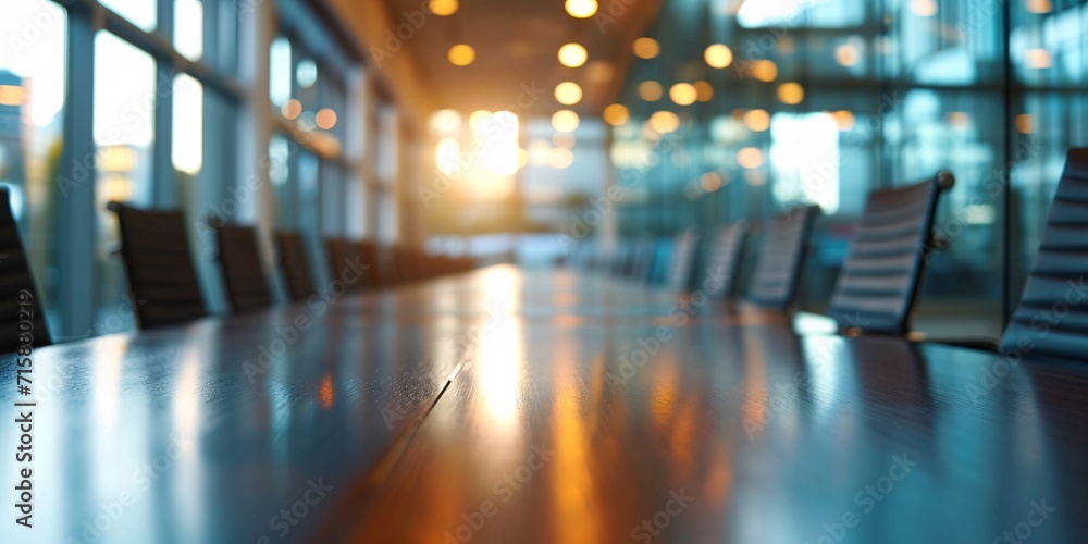 Blurry table in corporate conference room with glass interior and office items, placed on wooden desk in unfocused office setting.