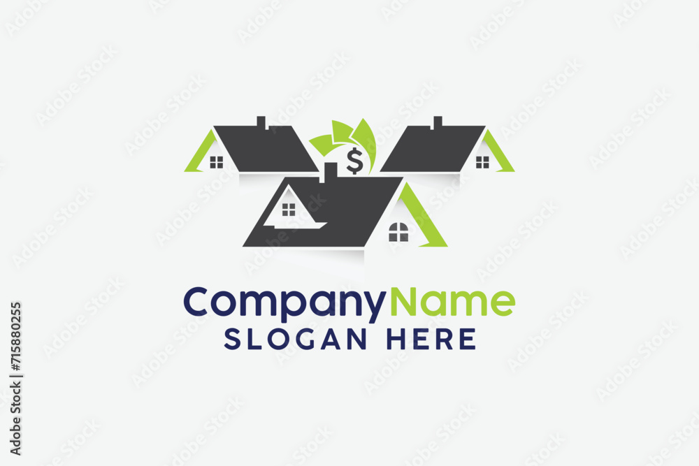 House mortgage, house taxation logo with houses dollar sign and money bucks vector