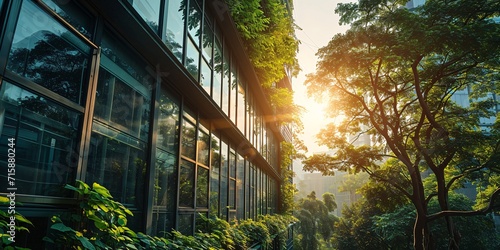 Eco-conscious office building with greenery for carbon reduction in modern city. photo