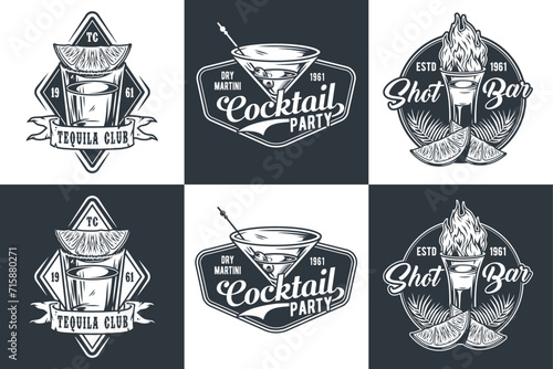 Tequila shot and martini vector set with lime and fire for alcohol cocktail bar or drink party. Vintage and retro emblem design collection for barman or bartender