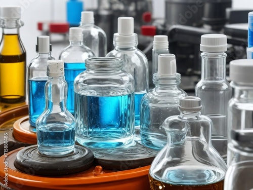 Close up of bottles on a conveyor belt in a factory.