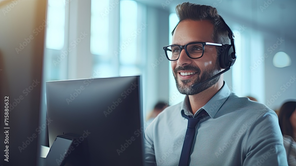 Call center workers. Smiling customer support operator with hands-free headset working in the office Call center workers. Smiling customer support operator with hands-free headset working in the office