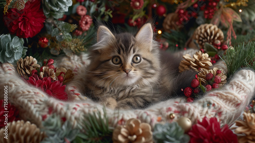 Cute kitten on a knitted mat surrounded by Christmas decor. High quality photo © Nina