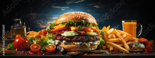 Image of Burger with tomatoes lettuce and pickles on a wooden plate or tray Generative AI