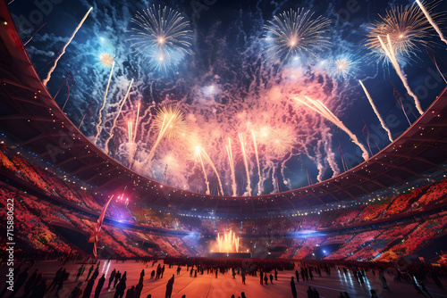Dynamic scene at the opening ceremony of a major international sports event, showcasing a spectacular display of fireworks, athletes parading with their national flags, sports event