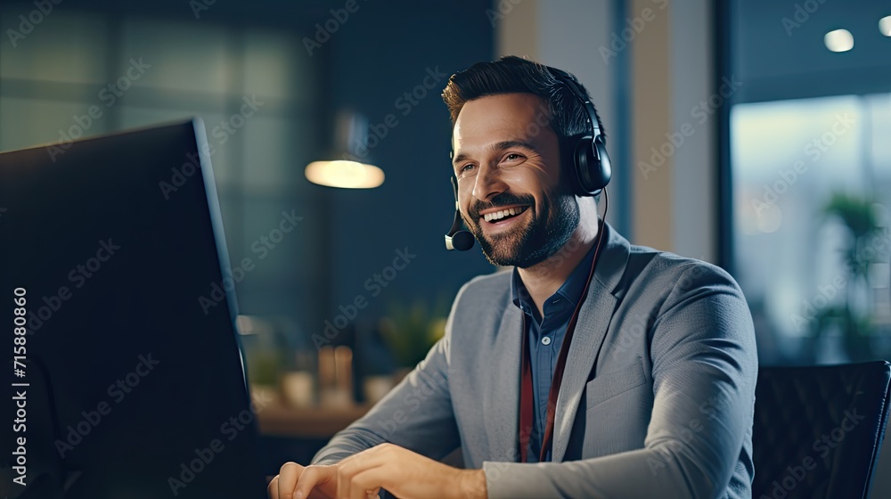 Call center workers. Smiling customer support operator with hands-free headset working in the office - obrazy, fototapety, plakaty 