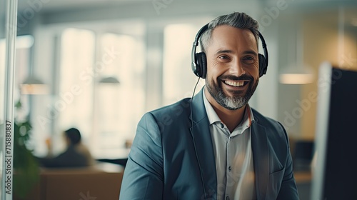 Call center workers. Smiling customer support operator with hands-free headset working in the office photo