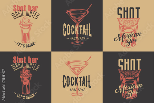 Tequila shot and martini vector set with lime and fire for alcohol cocktail bar or drink party. Vintage and retro emblem design collection for barman or bartender