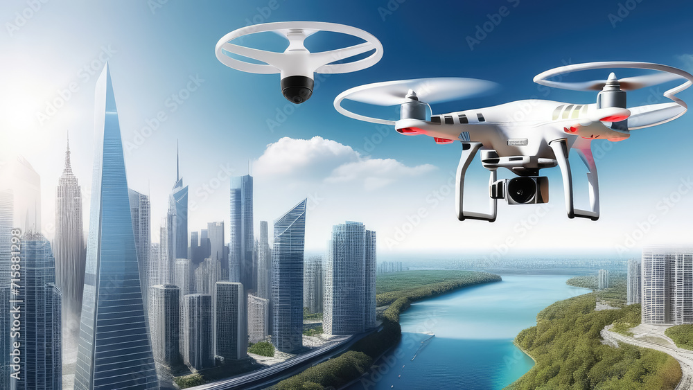 Drone with digital camera flying over the city. Megapolis. Generative AI Drone with digital camera flying over the city. Megapolis. Generative AI