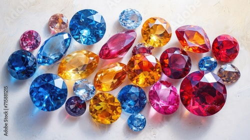 Vibrant contrast of deep blue Sapphire, sunny Citrine, and rich red Ruby, elegantly arranged on a pristine white canvas