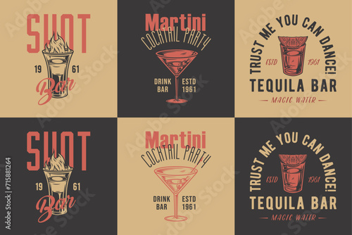 Tequila shot and martini vector set with lime and fire for alcohol cocktail bar or drink party. Vintage and retro emblem design collection for barman or bartender