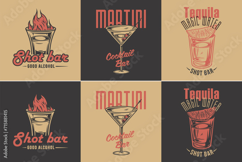 Tequila shot and martini vector set with lime and fire for alcohol cocktail bar or drink party. Vintage and retro emblem design collection for barman or bartender