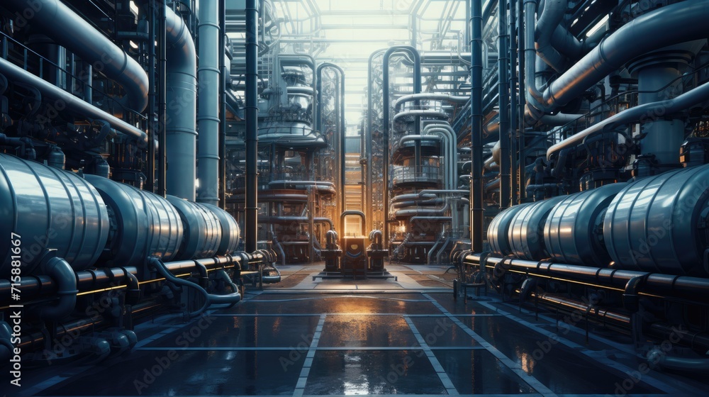 Hydrogen power plant large steel tanks and pipes. Big power plant pipes and steel tanks. Industry banner Hydrogen power plant large steel tanks and pipes. Big power plant pipes and steel tanks. Industry banner