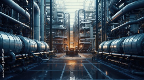 Hydrogen power plant large steel tanks and pipes. Big power plant pipes and steel tanks. Industry banner
