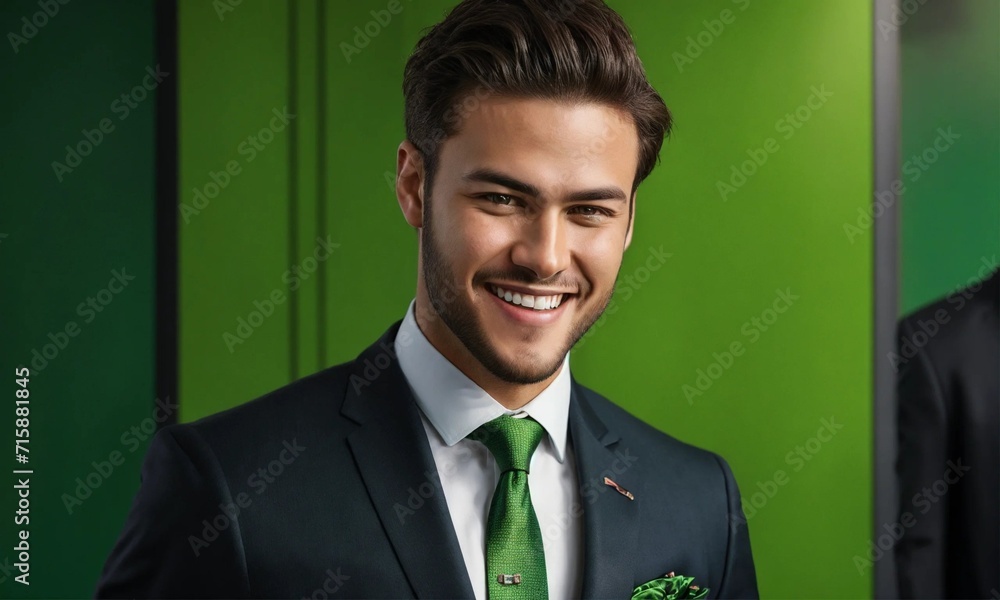 Happy young business man posing isolated over green background Happy young business man posing isolated over green background