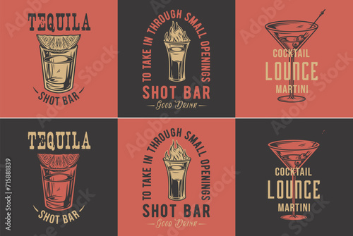 Tequila shot and martini vector set with lime and fire for alcohol cocktail bar or drink party. Vintage and retro emblem design collection for barman or bartender