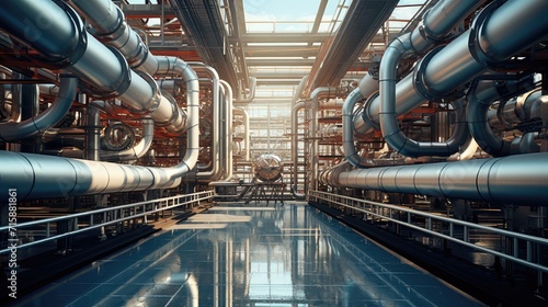 Hydrogen power plant large steel tanks and pipes. Big power plant pipes and steel tanks. Industry banner photo