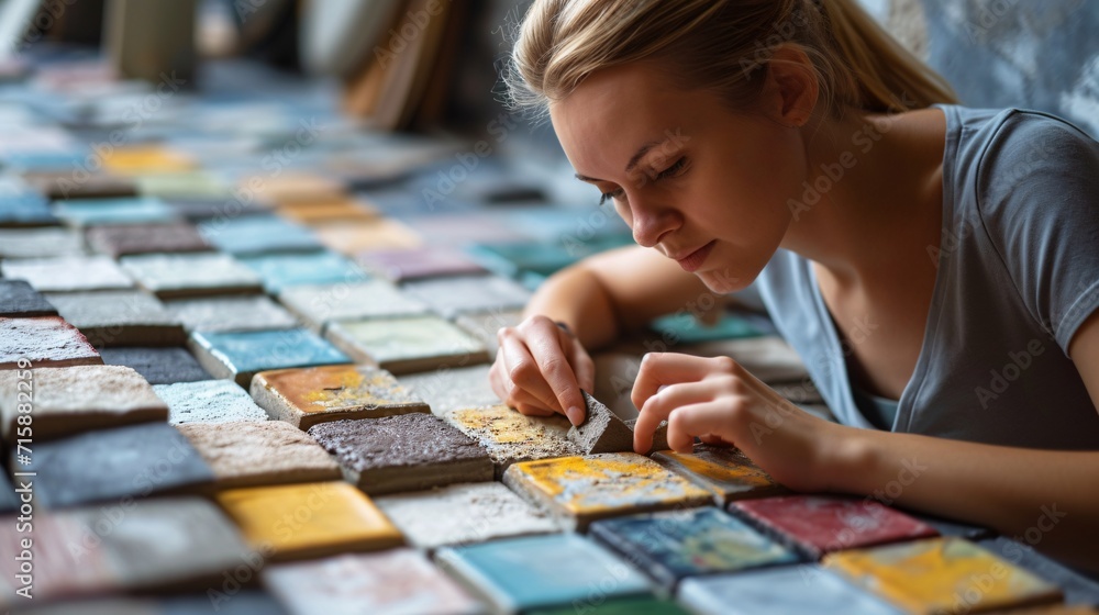 Fototapeta premium A female architect chooses epoxy grout for ceramic tiles and compares samples for a renovation project.