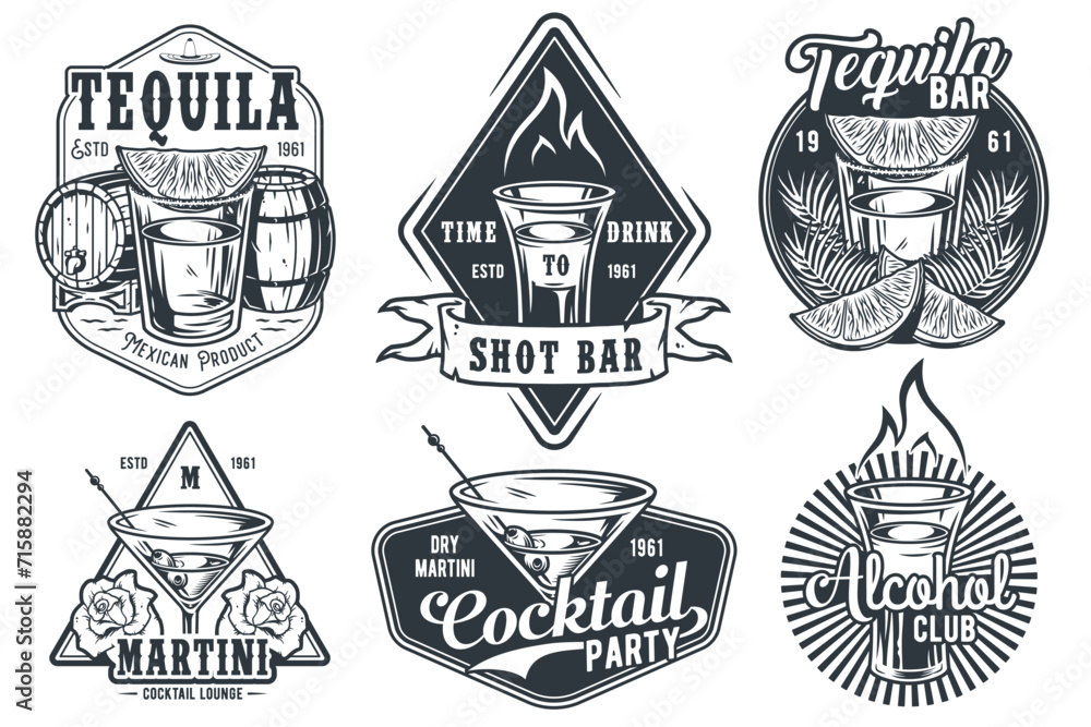 Tequila shot and martini vector set with lime and fire for alcohol cocktail bar or drink party. Vintage and retro emblem design collection for barman or bartender Tequila shot and martini vector set with lime and fire for alcohol cocktail bar or drink party. Vintage and retro emblem design collection for barman or bartender
