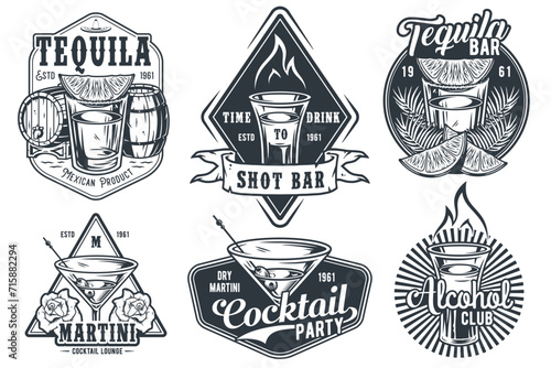 Tequila shot and martini vector set with lime and fire for alcohol cocktail bar or drink party. Vintage and retro emblem design collection for barman or bartender