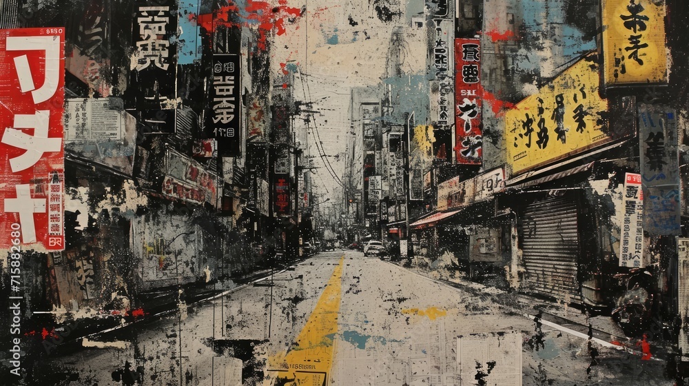 Fototapeta premium Generative AI, vintage grunge black and white collage poster with asian cityscape. Different textures and shapes