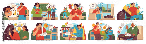 Health Challenges set. Confronting stigmas of obesity, chronic illness, and addiction. Navigating healthcare and aging. Emotional impact of diseases. Flat vector illustration.