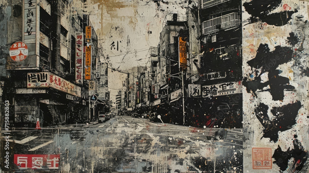 Fototapeta premium Generative AI, vintage grunge black and white collage poster with asian cityscape. Different textures and shapes