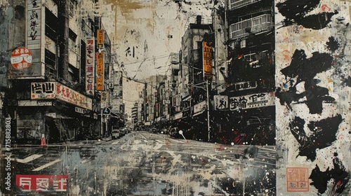 Generative AI, vintage grunge black and white collage poster with asian cityscape. Different textures and shapes 