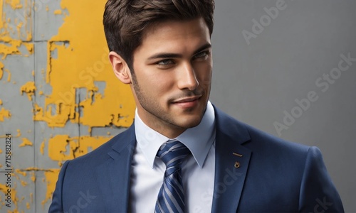 Happy young business man posing isolated over grey wall background