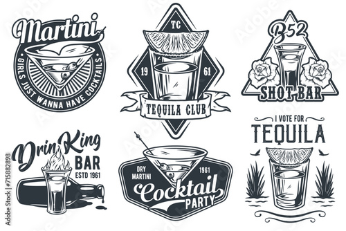 Tequila shot and martini vector set with lime and fire for alcohol cocktail bar or drink party. Vintage and retro emblem design collection for barman or bartender