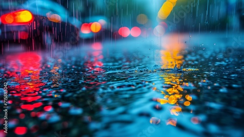 Colorful bokeh lights reflecting on wet street surface during rainfall