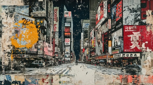 Wallpaper Mural Generative AI, vintage grunge black and white collage poster with asian cityscape. Different textures and shapes	 Torontodigital.ca