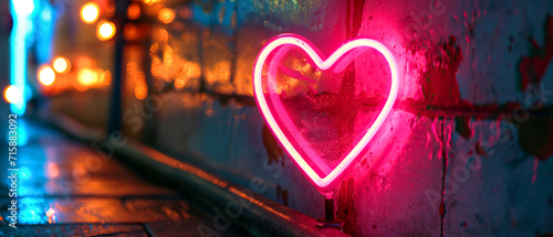 Pink diode neon lamp heart on brick wall, banner for Valentine's Day