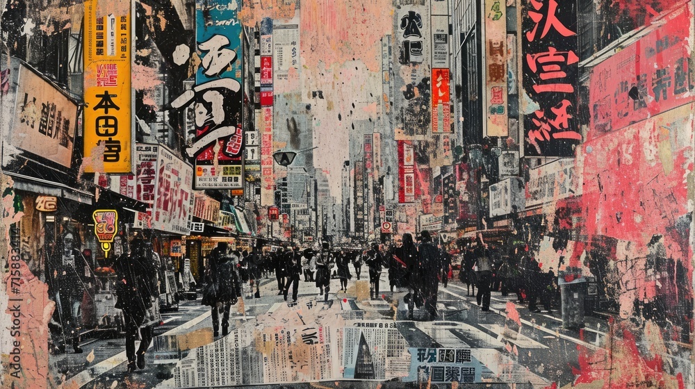 Fototapeta premium Generative AI, vintage grunge black and white collage poster with asian cityscape. Different textures and shapes