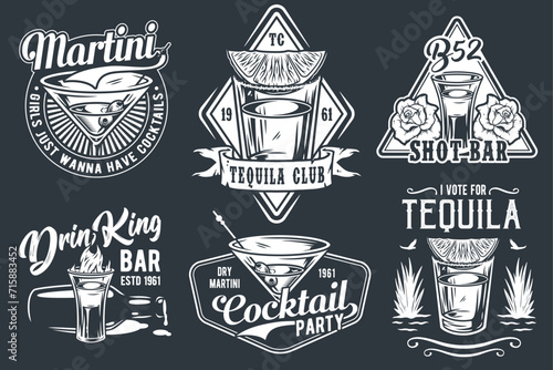 Tequila shot and martini vector set with lime and fire for alcohol cocktail bar or drink party. Vintage and retro emblem design collection for barman or bartender